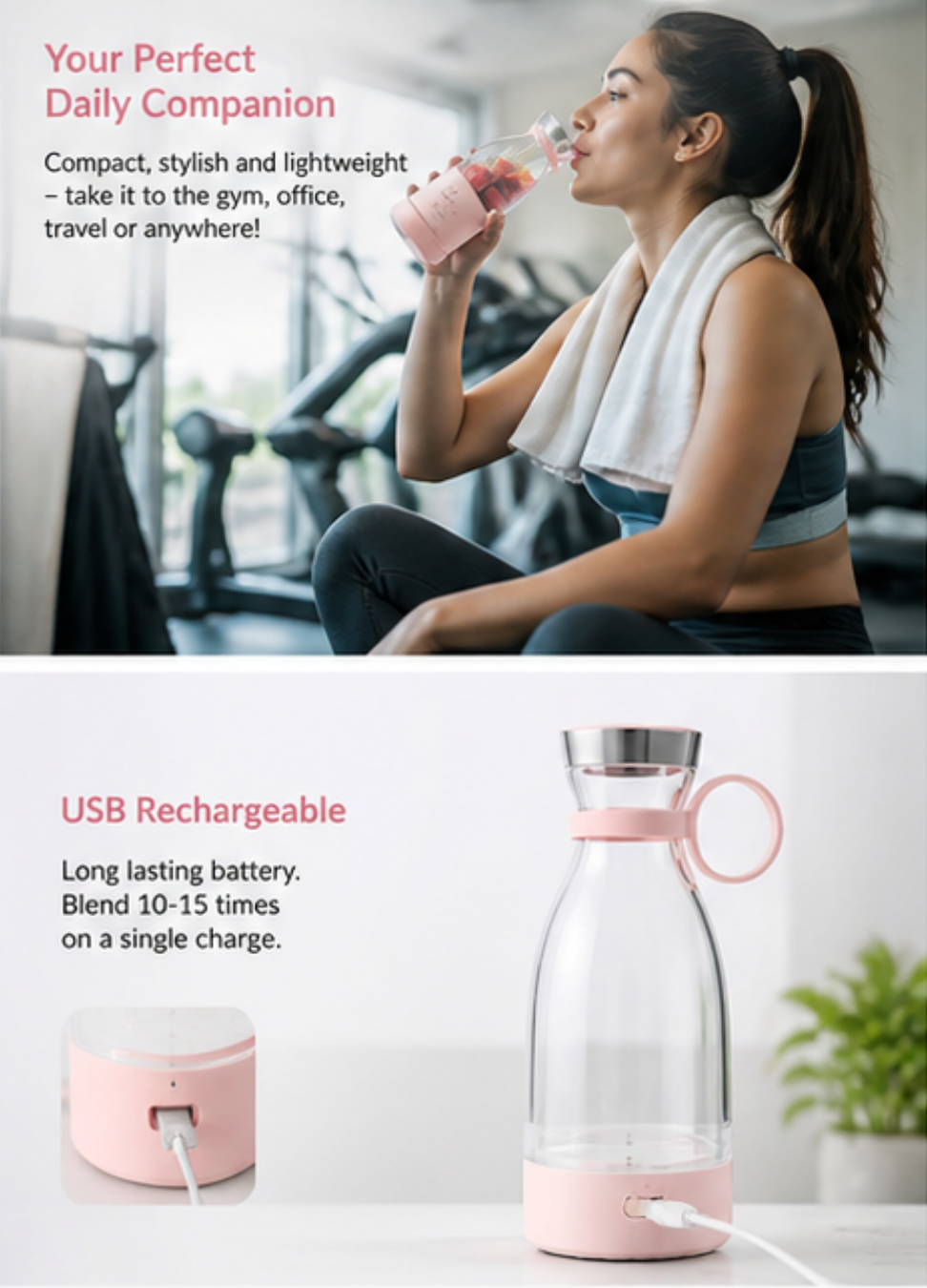 Fresh Juice Portable Blender | USB Rechargeable Mini Juicer Bottle for Smoothies & Shakes