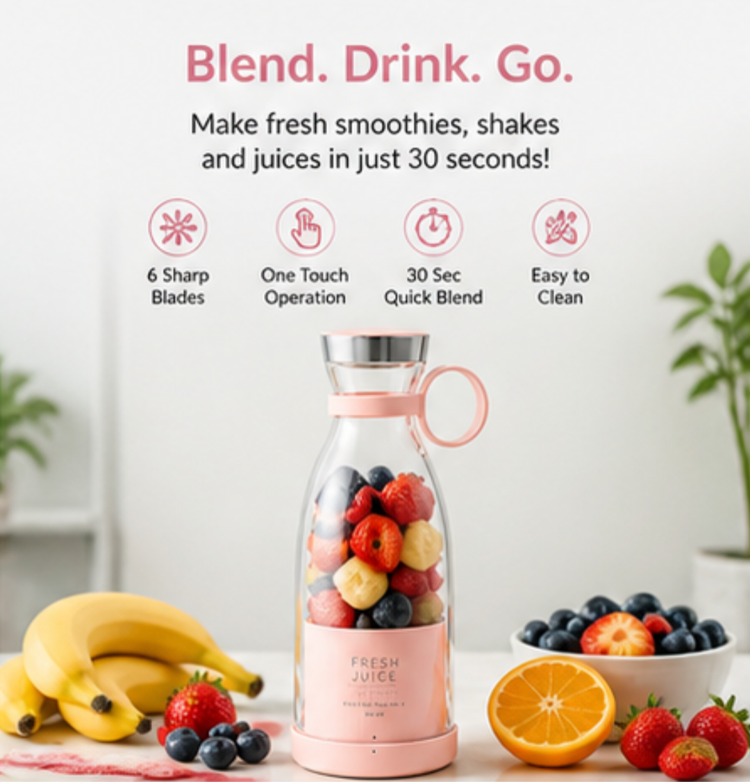 Fresh Juice Portable Blender | USB Rechargeable Mini Juicer Bottle for Smoothies & Shakes