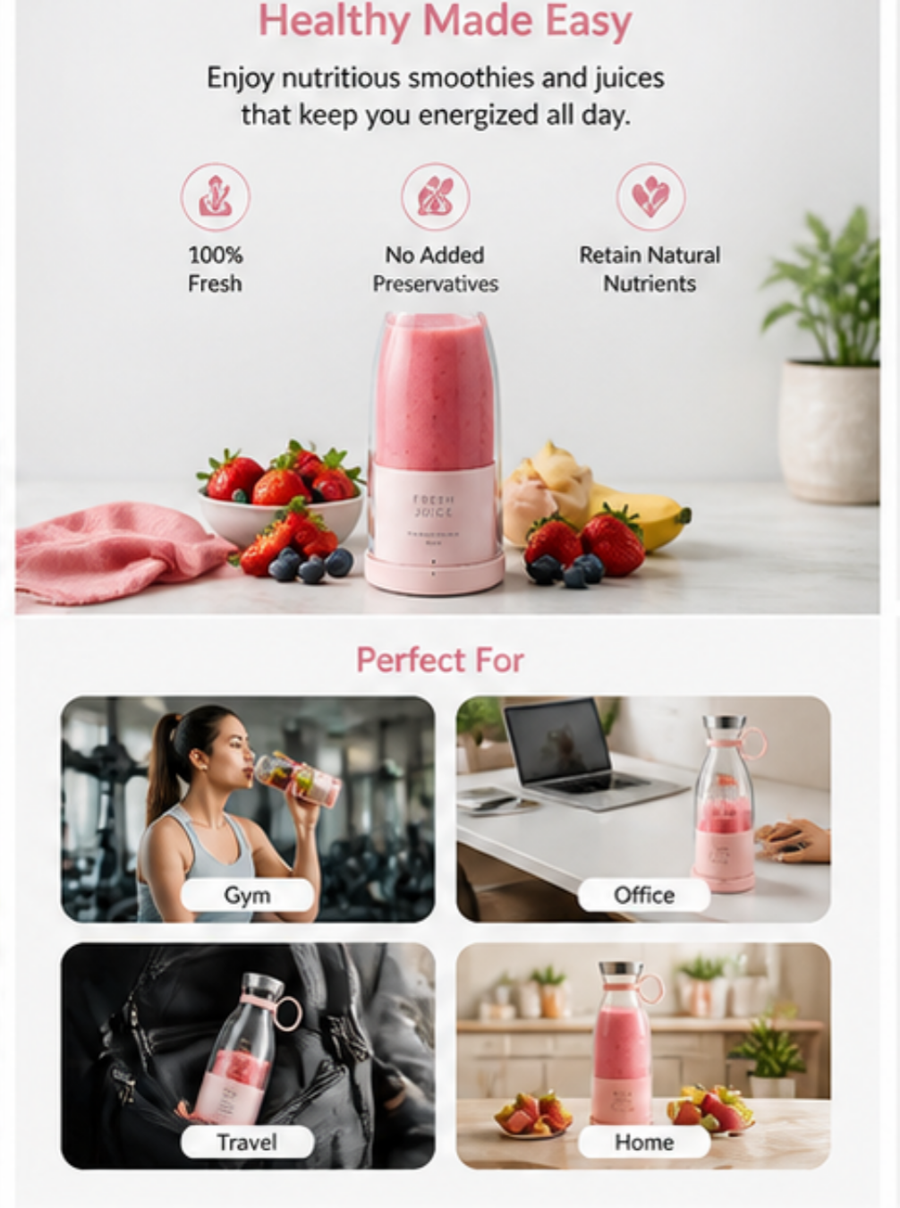 Fresh Juice Portable Blender | USB Rechargeable Mini Juicer Bottle for Smoothies & Shakes